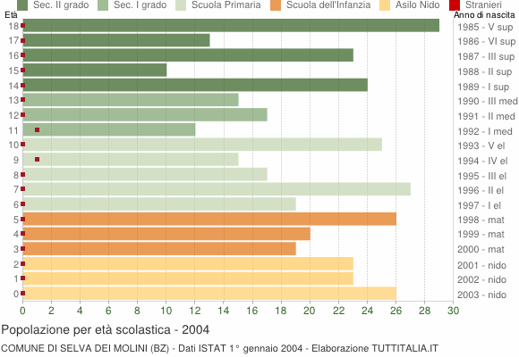 Grafico Popolazione in età scolastica - Selva dei Molini 2004