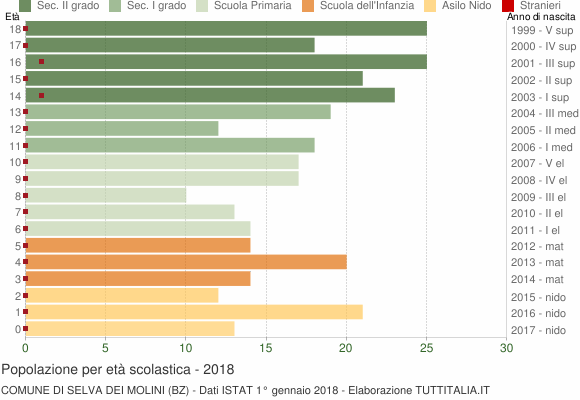 Grafico Popolazione in età scolastica - Selva dei Molini 2018