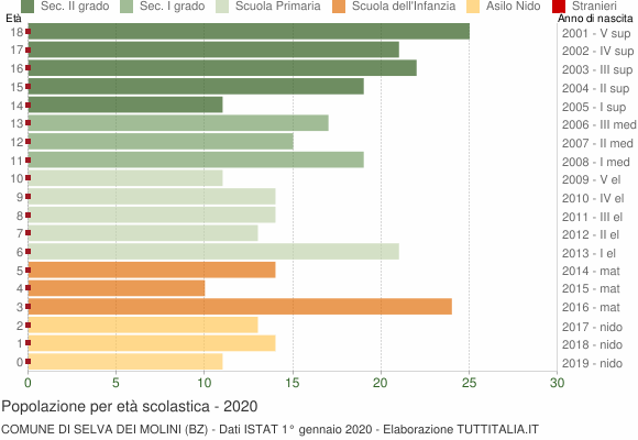 Grafico Popolazione in età scolastica - Selva dei Molini 2020