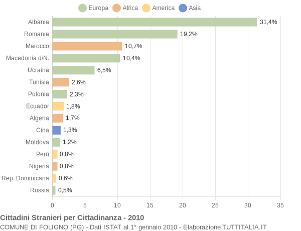 Grafico cittadinanza stranieri - Foligno 2010