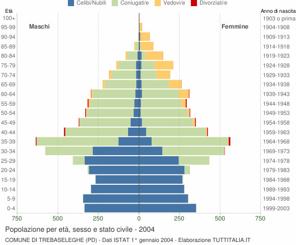Grafico Popolazione per età, sesso e stato civile Comune di Trebaseleghe (PD)