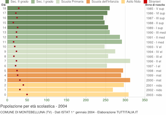 Grafico Popolazione in età scolastica - Montebelluna 2004