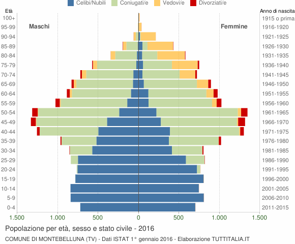 Grafico Popolazione per età, sesso e stato civile Comune di Montebelluna (TV)