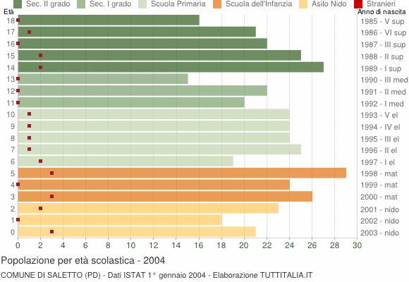 Grafico Popolazione in età scolastica - Saletto 2004