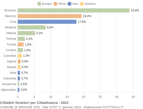 Grafico cittadinanza stranieri - Brugine 2023