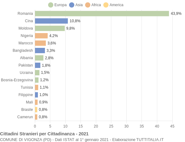 Grafico cittadinanza stranieri - Vigonza 2021