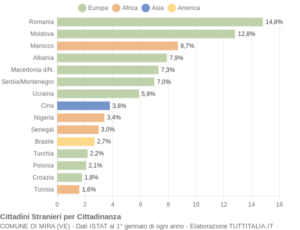 Grafico cittadinanza stranieri - Mira 2007