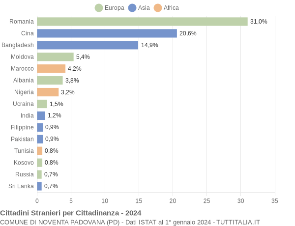 Grafico cittadinanza stranieri - Noventa Padovana 2024