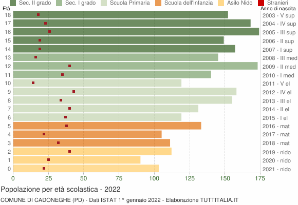Grafico Popolazione in età scolastica - Cadoneghe 2022