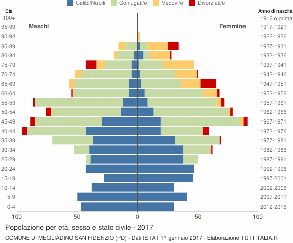 Grafico Popolazione per età, sesso e stato civile Comune di Megliadino San Fidenzio (PD)