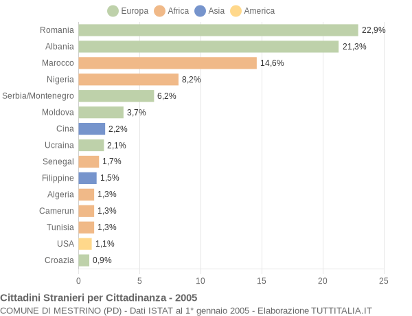 Grafico cittadinanza stranieri - Mestrino 2005