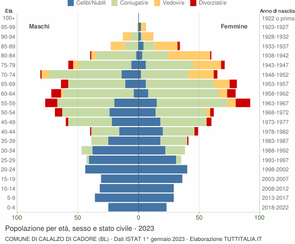 Grafico Popolazione per età, sesso e stato civile Comune di Calalzo di Cadore (BL)