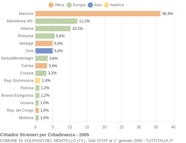 Grafico cittadinanza stranieri - Volpago del Montello 2005