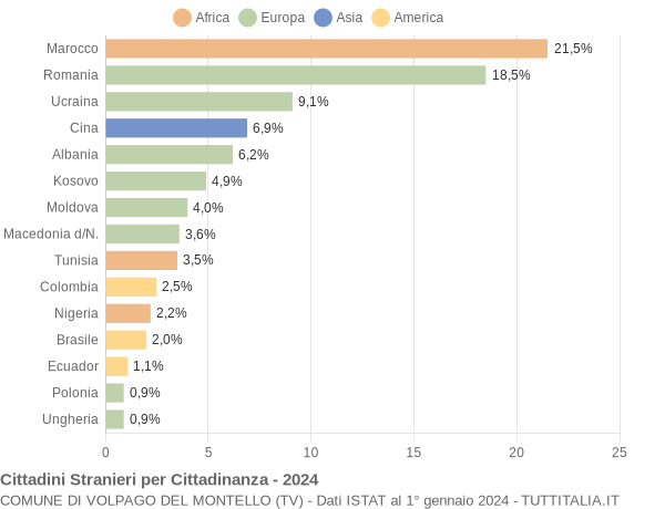 Grafico cittadinanza stranieri - Volpago del Montello 2024