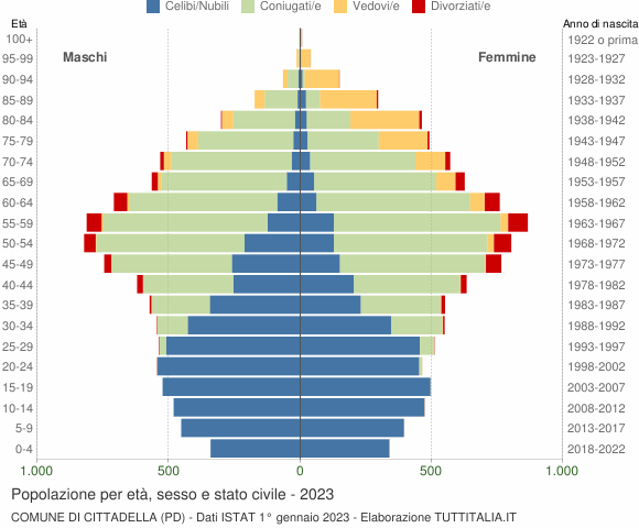 Grafico Popolazione per età, sesso e stato civile Comune di Cittadella (PD)