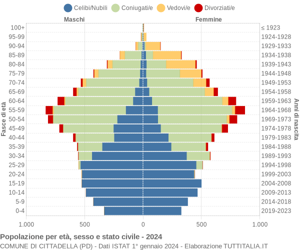 Grafico Popolazione per età, sesso e stato civile Comune di Cittadella (PD)