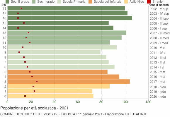 Grafico Popolazione in età scolastica - Quinto di Treviso 2021