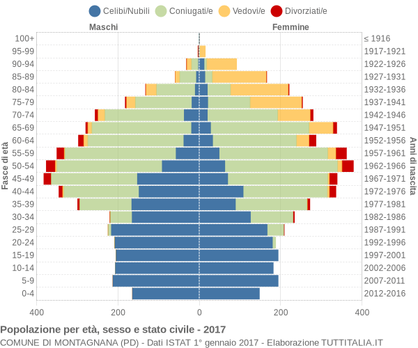 Grafico Popolazione per età, sesso e stato civile Comune di Montagnana (PD)