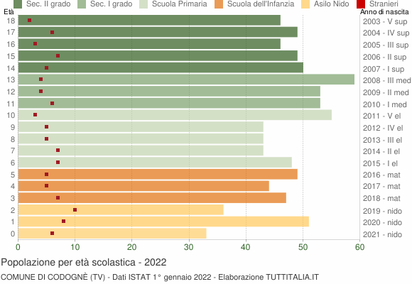 Grafico Popolazione in età scolastica - Codognè 2022