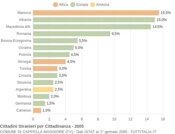 Grafico cittadinanza stranieri - Cappella Maggiore 2005
