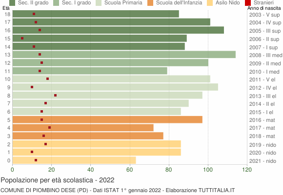 Grafico Popolazione in età scolastica - Piombino Dese 2022