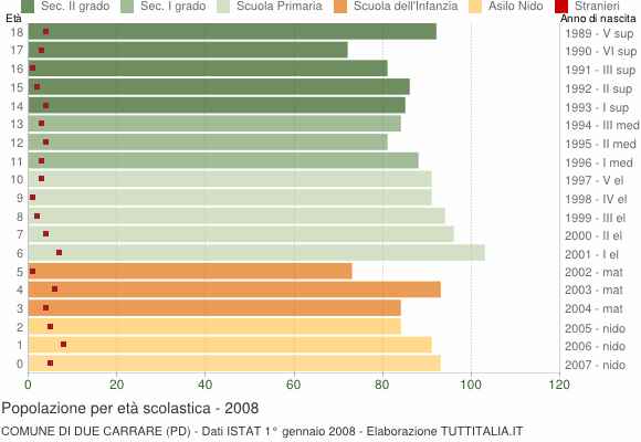 Grafico Popolazione in età scolastica - Due Carrare 2008