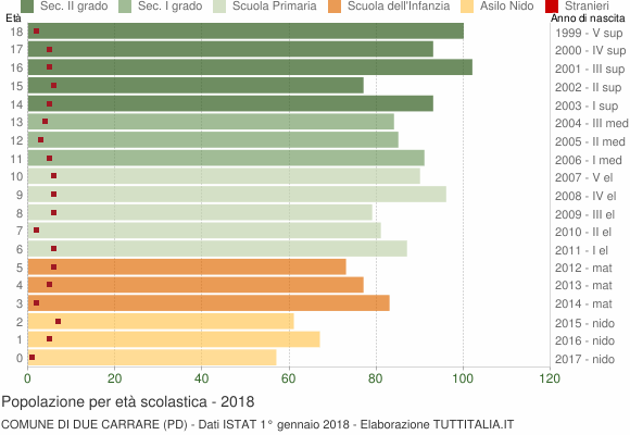 Grafico Popolazione in età scolastica - Due Carrare 2018