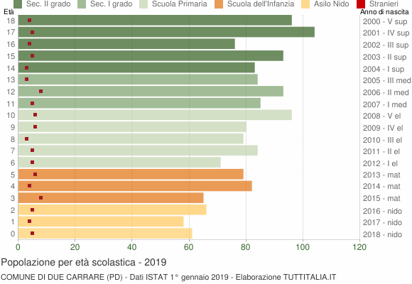 Grafico Popolazione in età scolastica - Due Carrare 2019