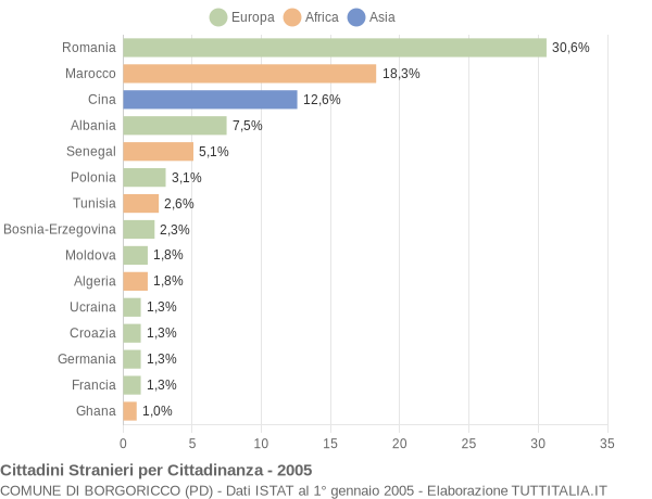 Grafico cittadinanza stranieri - Borgoricco 2005