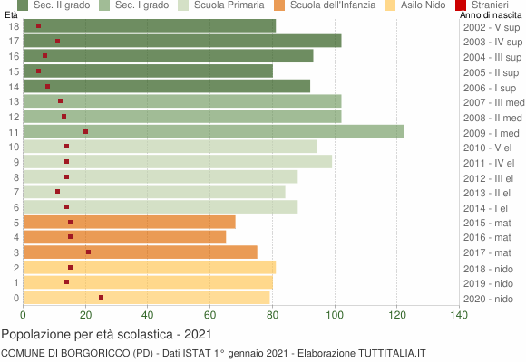 Grafico Popolazione in età scolastica - Borgoricco 2021