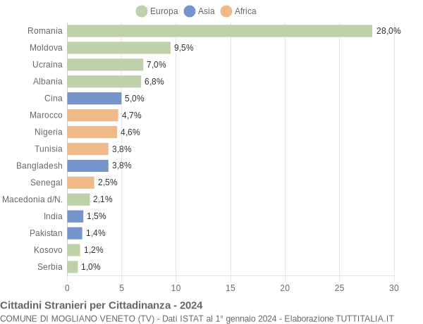 Grafico cittadinanza stranieri - Mogliano Veneto 2024