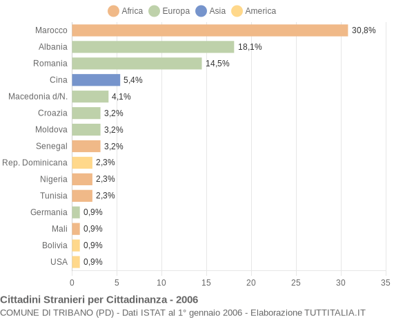 Grafico cittadinanza stranieri - Tribano 2006