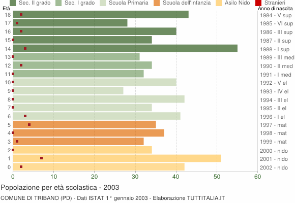 Grafico Popolazione in età scolastica - Tribano 2003