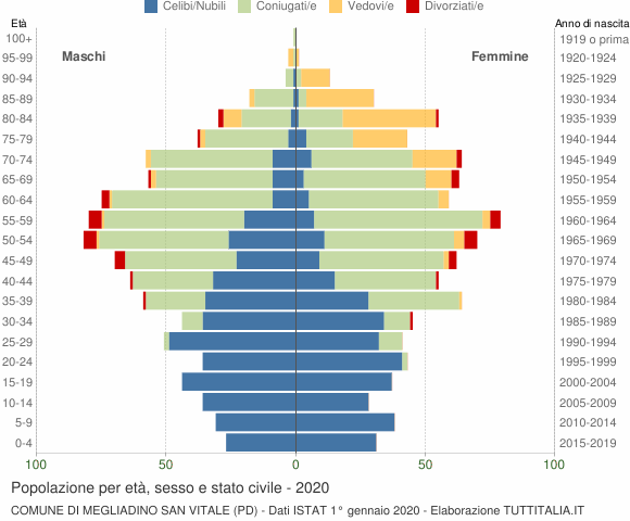 Grafico Popolazione per età, sesso e stato civile Comune di Megliadino San Vitale (PD)