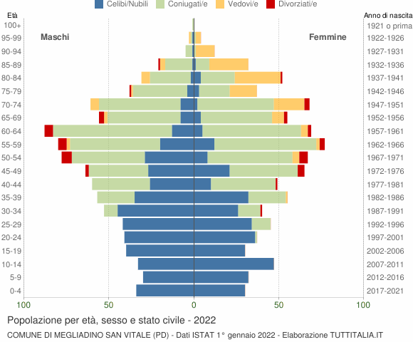 Grafico Popolazione per età, sesso e stato civile Comune di Megliadino San Vitale (PD)