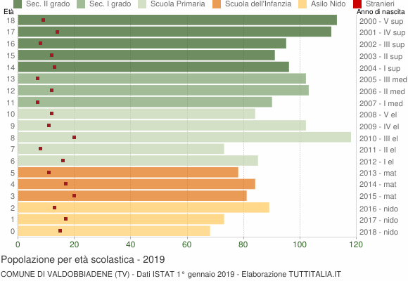 Grafico Popolazione in età scolastica - Valdobbiadene 2019