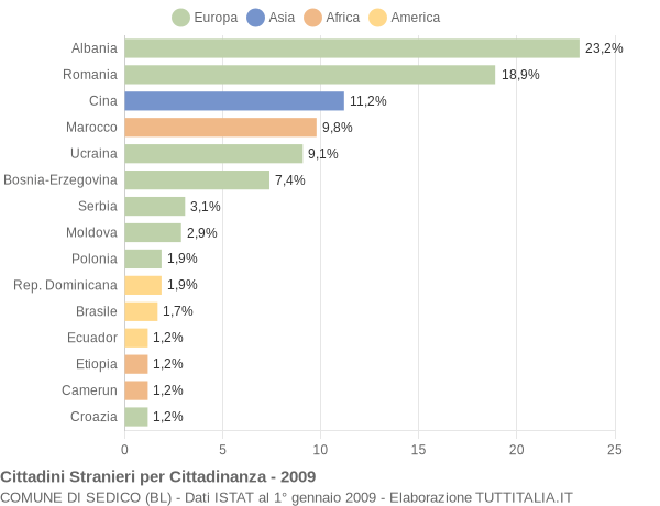 Grafico cittadinanza stranieri - Sedico 2009