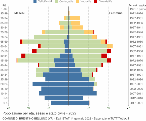 Grafico Popolazione per età, sesso e stato civile Comune di Brentino Belluno (VR)