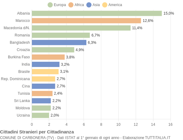 Grafico cittadinanza stranieri - Carbonera 2005