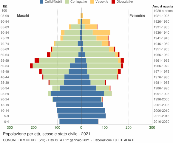 Grafico Popolazione per età, sesso e stato civile Comune di Minerbe (VR)