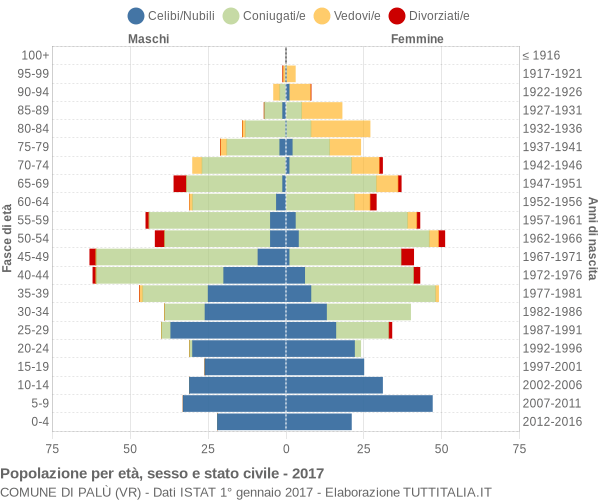 Grafico Popolazione per età, sesso e stato civile Comune di Palù (VR)