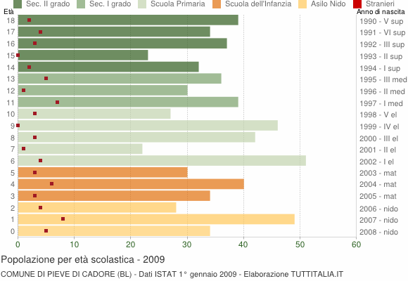 Grafico Popolazione in età scolastica - Pieve di Cadore 2009