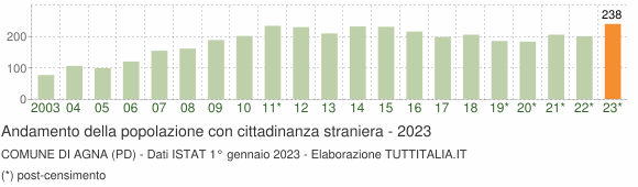 Grafico andamento popolazione stranieri Comune di Agna (PD)