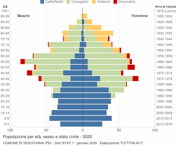 Grafico Popolazione per età, sesso e stato civile Comune di Vescovana (PD)
