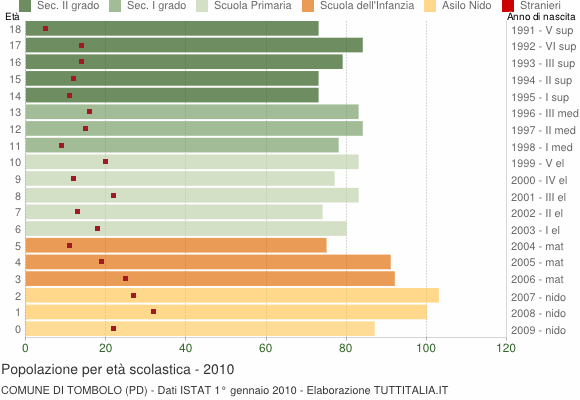 Grafico Popolazione in età scolastica - Tombolo 2010