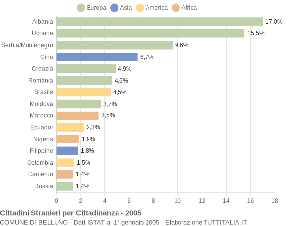 Grafico cittadinanza stranieri - Belluno 2005