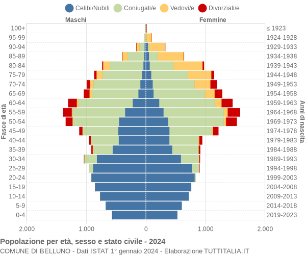 Grafico Popolazione per età, sesso e stato civile Comune di Belluno