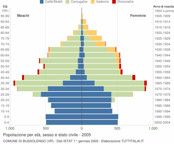 Grafico Popolazione per età, sesso e stato civile Comune di Bussolengo (VR)
