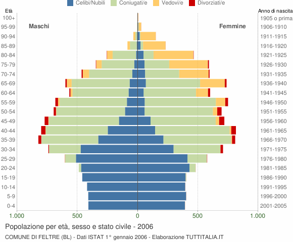 Grafico Popolazione per età, sesso e stato civile Comune di Feltre (BL)