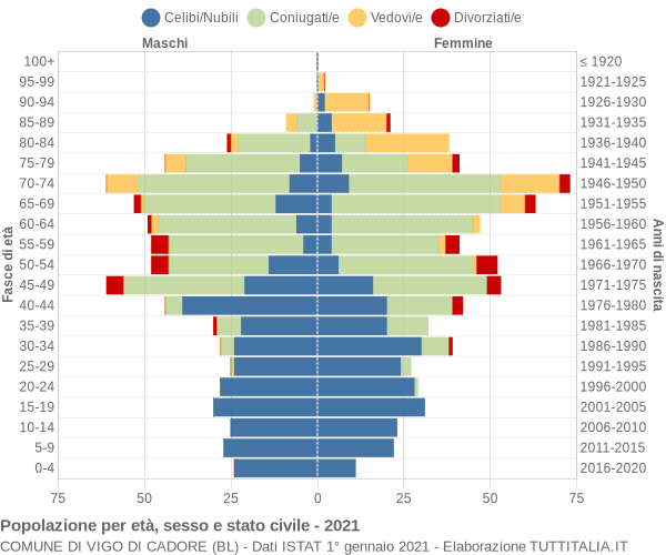 Grafico Popolazione per età, sesso e stato civile Comune di Vigo di Cadore (BL)
